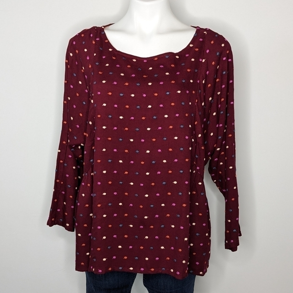 Anthro Maeve maroon polka dot embroidered top L